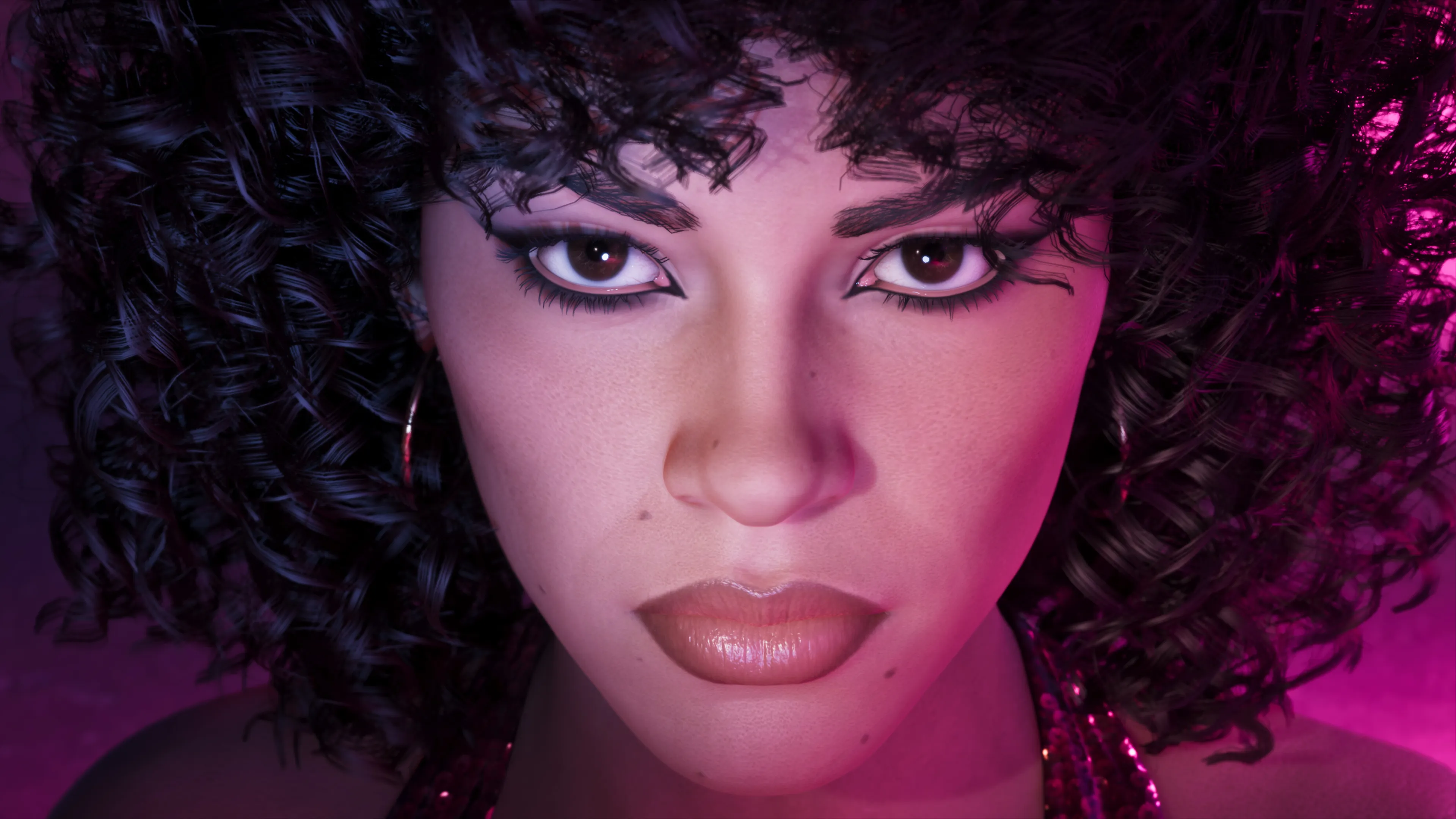 GTA 6 close-up of Lucia's curly retro hairstyle and glam makeup from the Vintage Vice City Pack