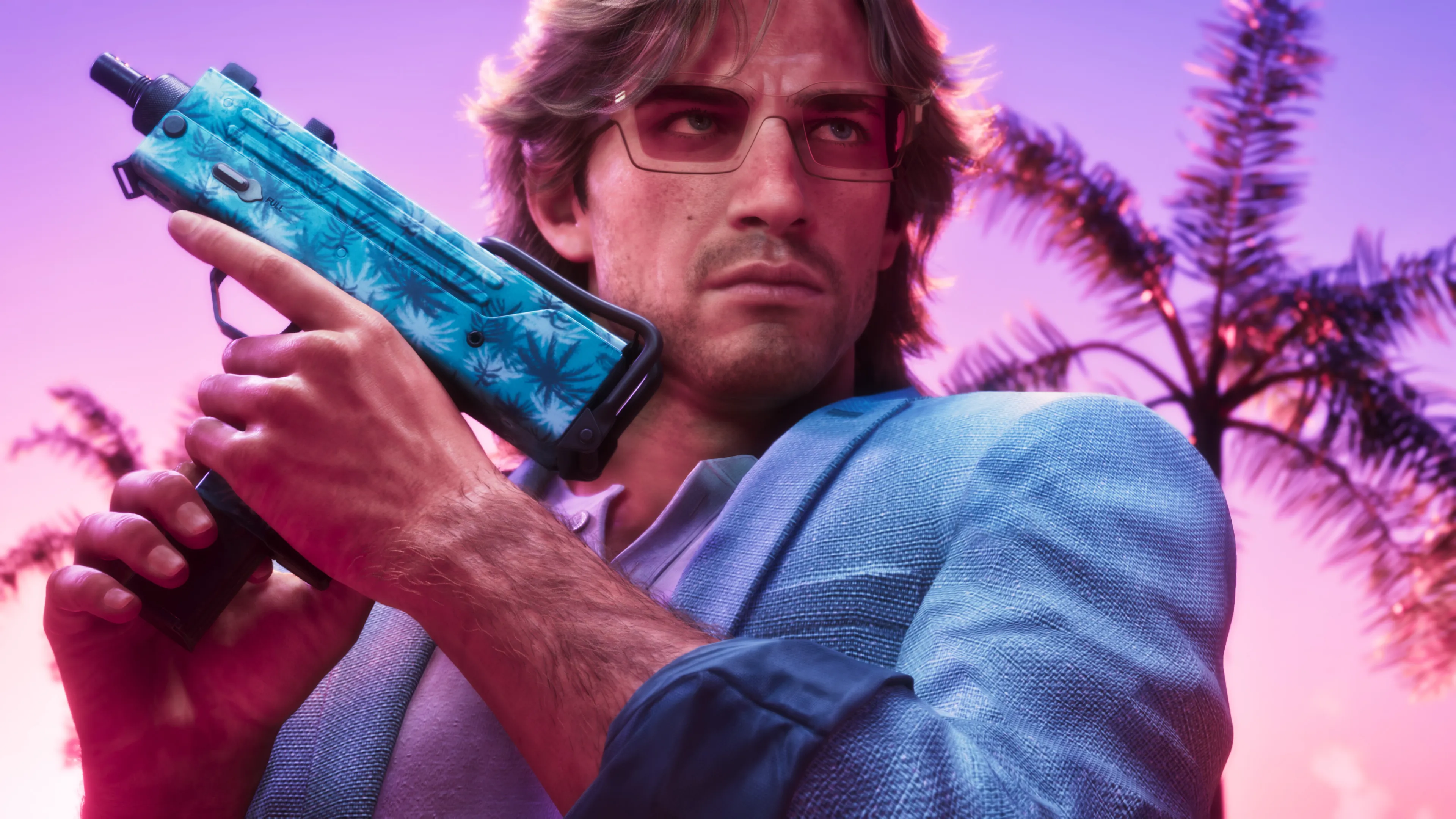 GTA 6 Jason in a blue blazer holding a palm-print SMG at a purple Vice City sunset