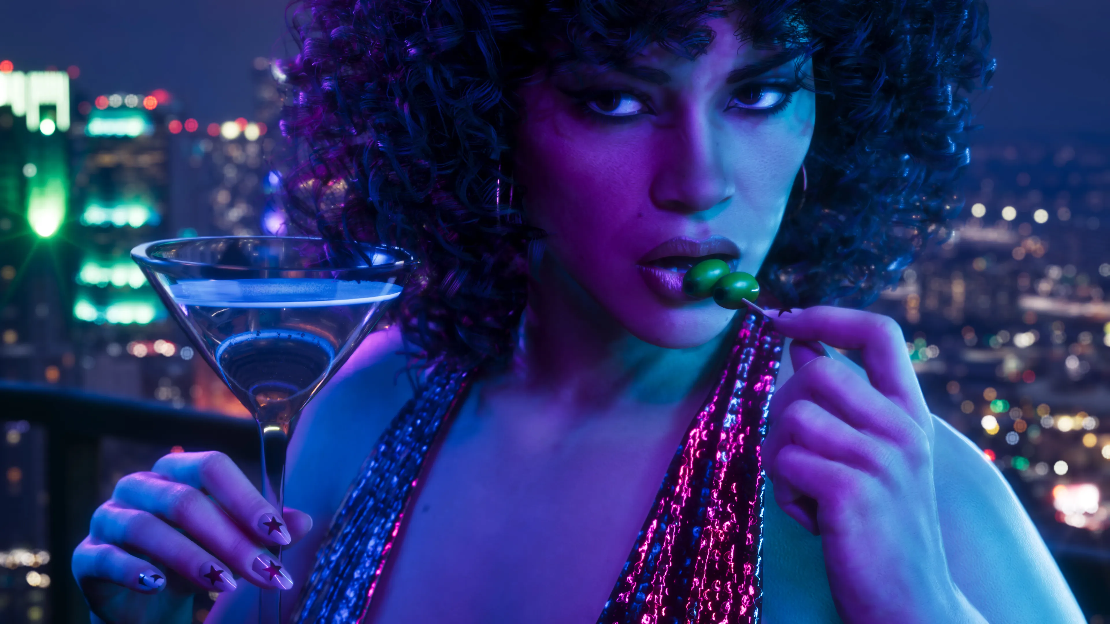 GTA 6 Lucia in a sequin halter dress sipping a martini on a Vice City rooftop at night