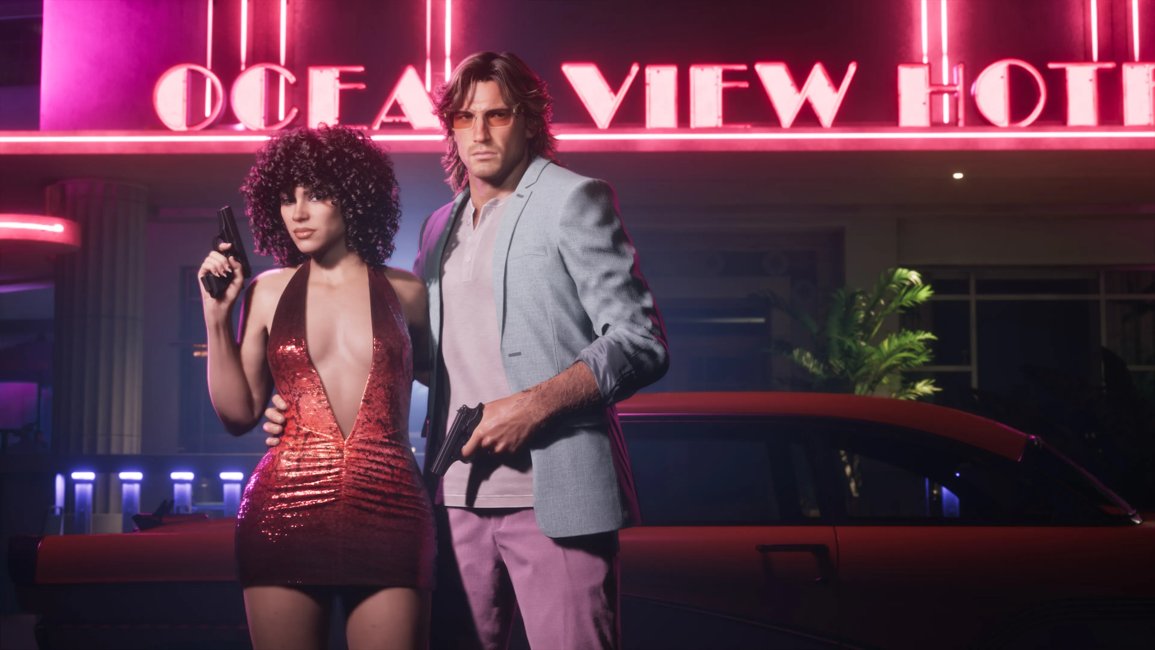 GTA 6 Jason and Lucia posing with pistols outside the neon Ocean View Hotel in Vice City