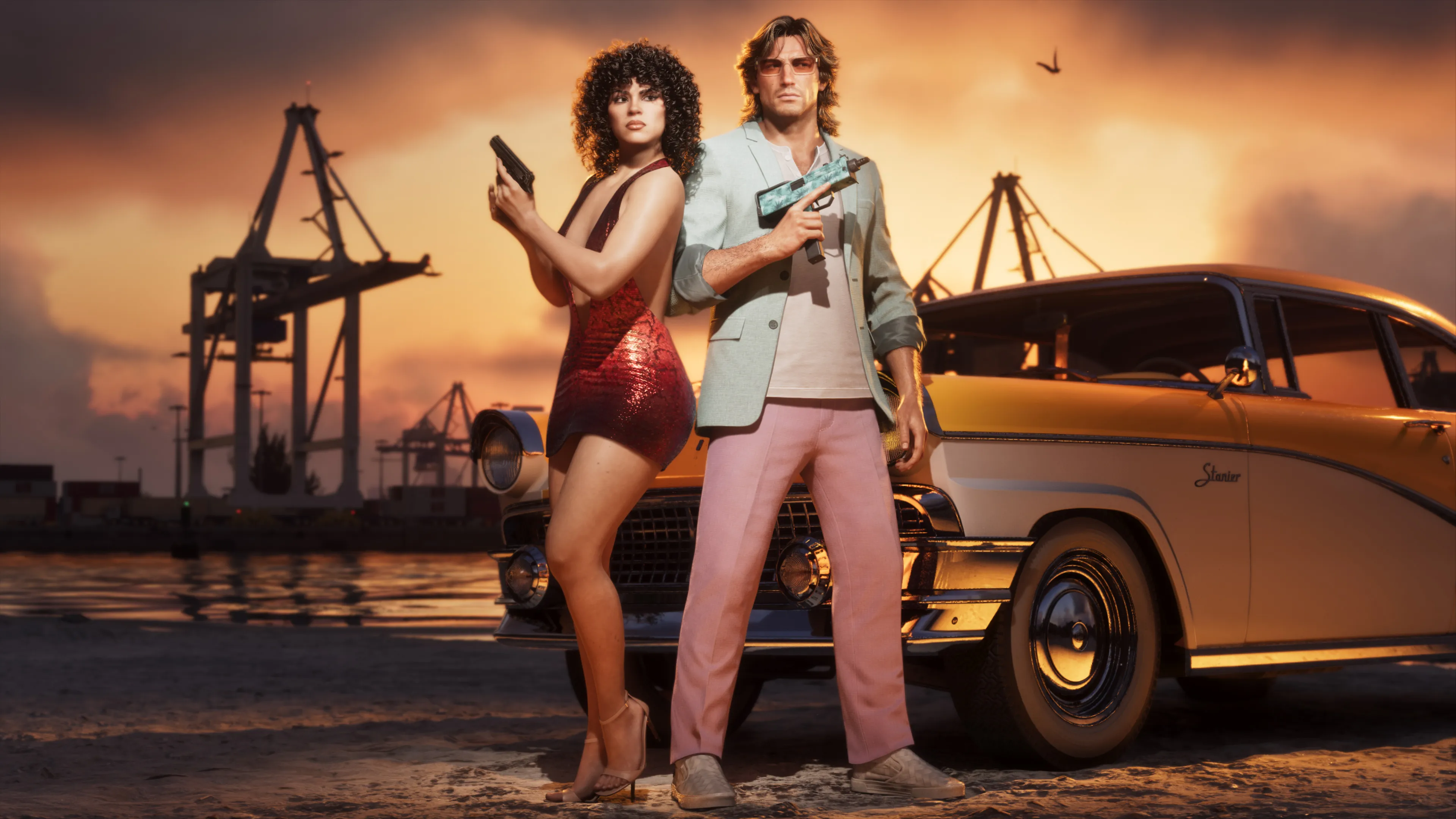 GTA 6 Jason and Lucia standing by the classic Vapid Stanier at the Vice City docks at sunset