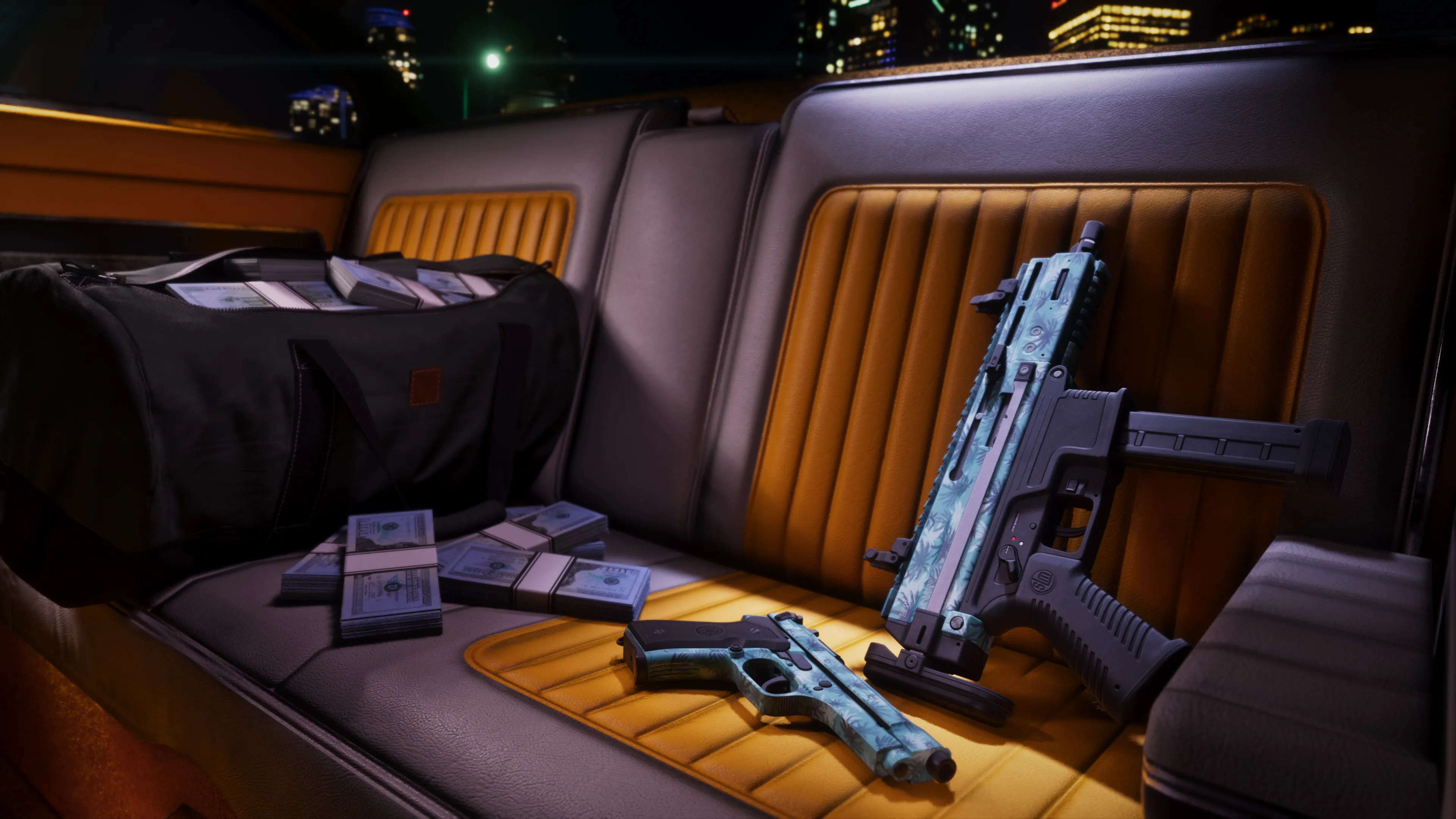 GTA 6 Vintage Vice City Pack weapons with a tropical palm finish on a car back seat beside cash