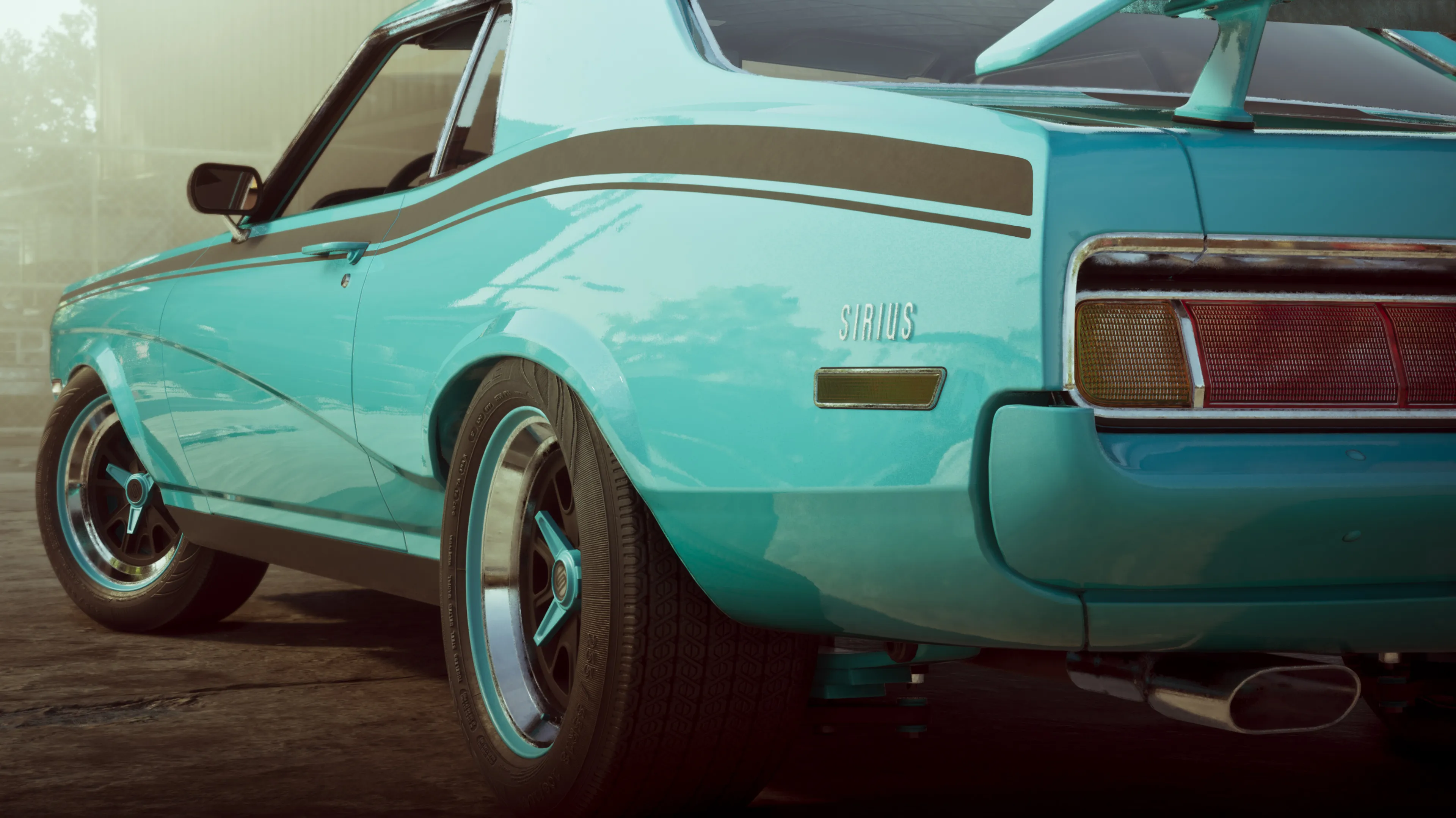 GTA 6 rear three-quarter of a teal classic fastback muscle car from the Wyman collection