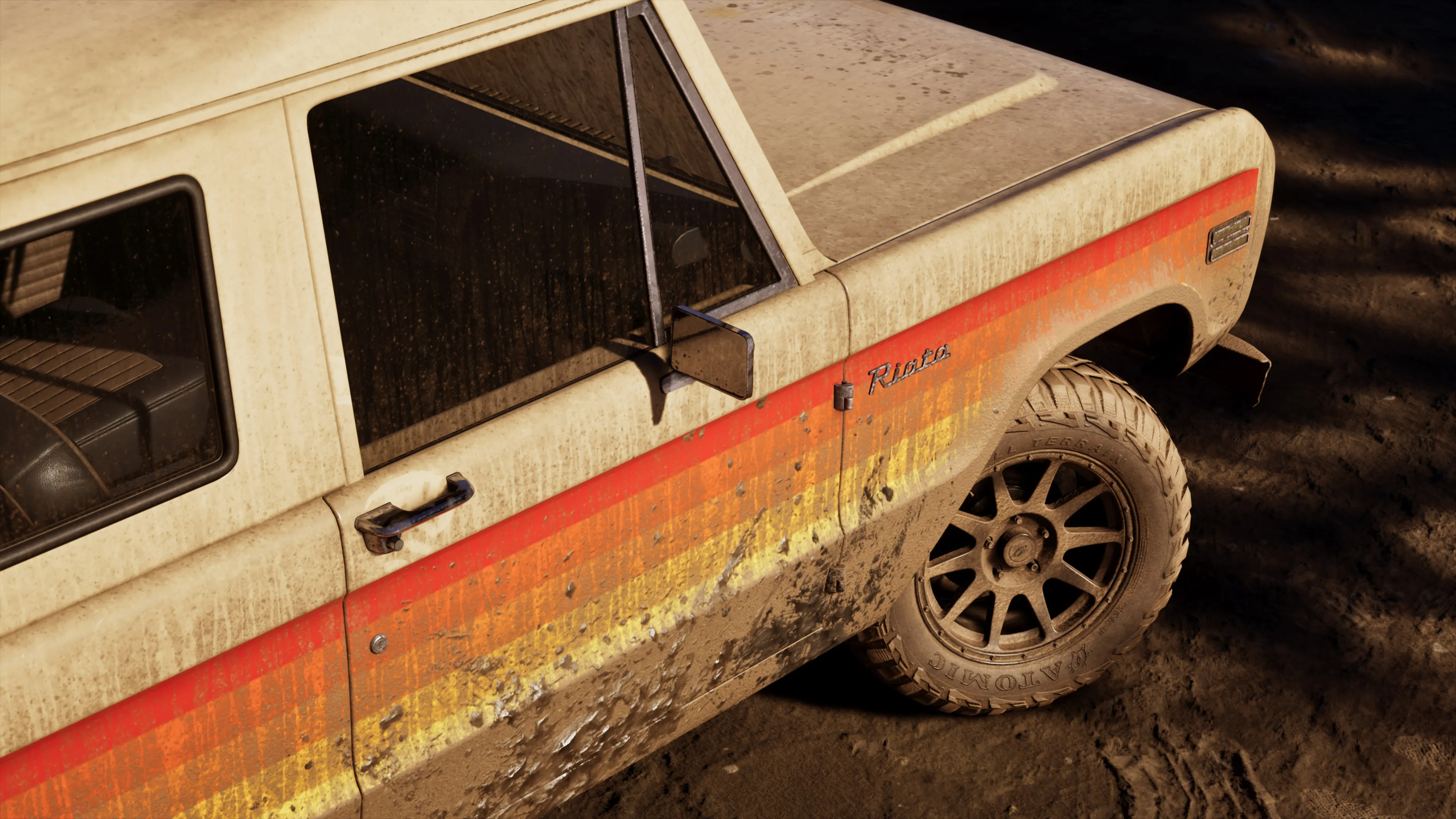 GTA 6 a weathered cream and orange classic 4x4 from the Wyman collection on a dirt trail