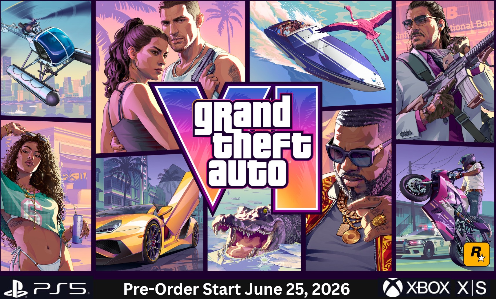 Grand Theft Auto VI official key art with Jason and Lucia in Vice City